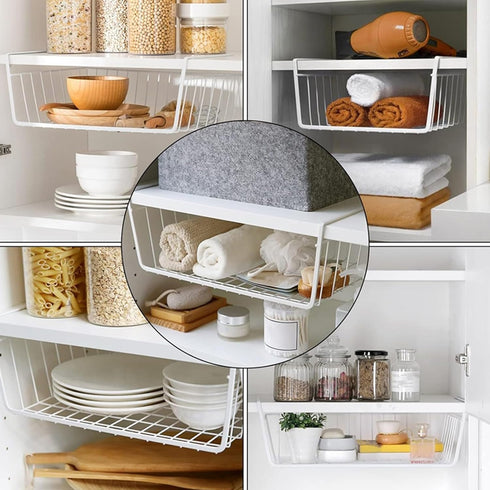 4 Pack Tebery White Under Shelf Wire Basket Hanging Storage Baskets, Under Cabinet Add-on Storage Racks Slide