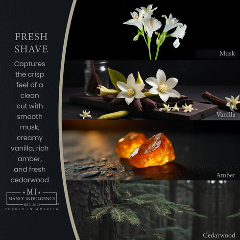 16.5 oz 60 Manly Indulgence Fresh Shave Jar Candle - Musk, Vanilla & Bergamot - Woodsy Amber & Cedarwood - Up to Hour