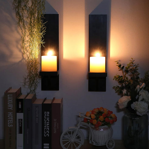 OwnMy Set 2 of Wooden Wall Candle Sconces Rustic Wall Mount Wooden Pillar Candle Sconces, Black Farmhouse Wall Candle