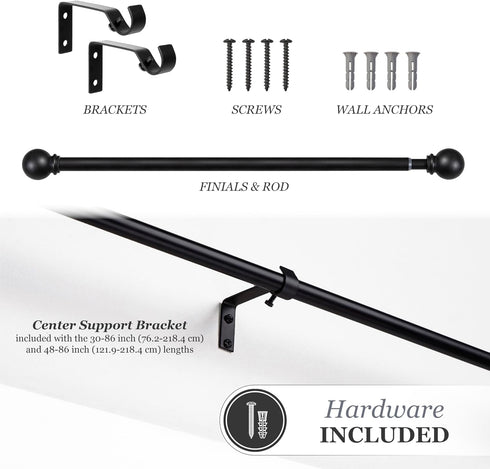 Kenney Chelsea Ball End Window Curtain Rod, Adjustable 28 to 48 Inches, Extendable Set, Black