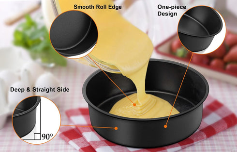 TeamFar Cake Pan Set, 4'' / 6''/ 8'' Round Baking Tier Pans, Non-Stick Coating Stainless Steel Core, Set of 3, Black