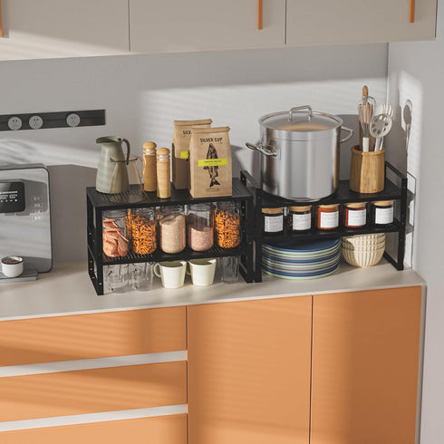 Expandable, Adjustable & Stackable Spice Rack, Metal Pantry Storage Shelves, Cabinet Kitchen Countertop Organizer