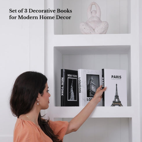 Set Decorative Books for Home Decor Foldable Black and White Faux Book Featuring Paris, London & New York Modern Coffee