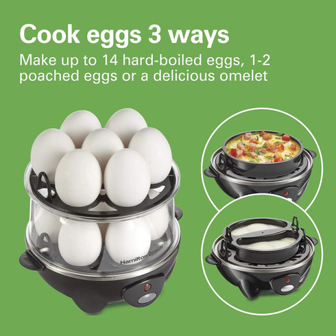 3-in-1 14, (25508) Hamilton Beach Electric Egg Cooker for Hard Boiled Eggs, Poacher, Omelet Maker & Vegetable Steamer