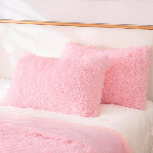 Faux Fur Fluffy Fuzzy Plush Pink Pillow Case Set of 2, Soft