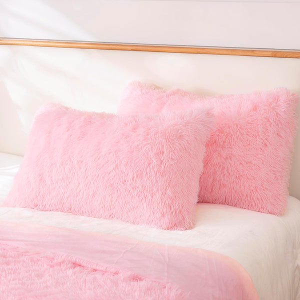 Faux Fur Fluffy Fuzzy Plush Pink Pillow Case Set of 2, Soft