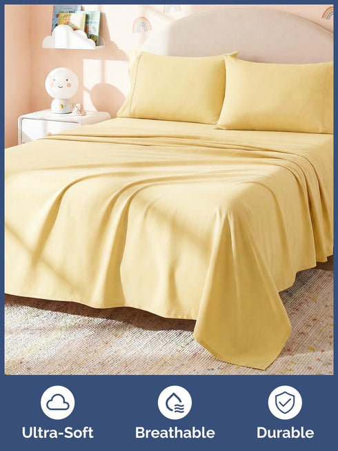 4 Set 1 1 2 Kids Queen Size Yellow Bed Sheets - Piece Kids Yellow Microfiber Sheet - Flat, Fitted & Pillowcases