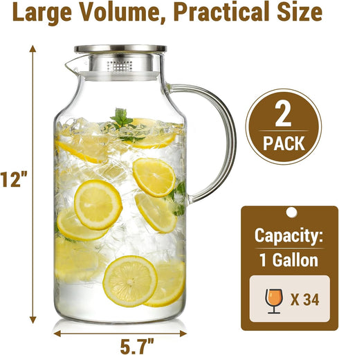 Snuvid 2 Pack 1 Gallon thickened Glass Pitcher with Lid and Spout, Borosilicate Glass Carafe for Hot/Cold Drink, Water