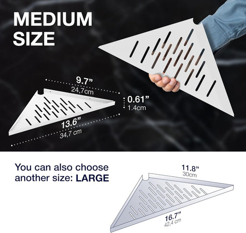 iReef way 14" Corner Shower Shelf for Inside Shower - Adhesive/Stick/Drill/No Drill - Floating Strong White Corner