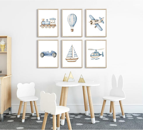 Lhoiplme 8x10x6 Inch Baby Boy Nursery Wall Art Transportation Blue Car Canvas Prints Vintage Toddler Vehicle Pictures