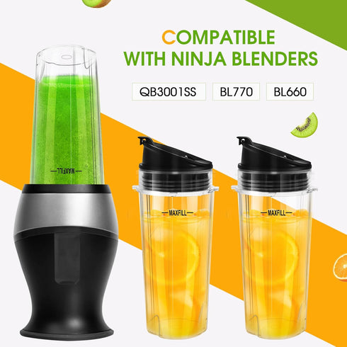 Blender Replacement Parts for Ninja, 3 Pack 16oz Cups with To-Go Lids for Nutri Ninja Compact Personal Blender