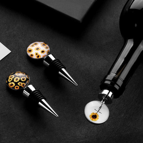 Soleebee 3 Pack Decorative Wine Stoppers, Art Glass Bottle Stoppers for Gifts, Bar, Holiday Party, Wedding (Sunflower)