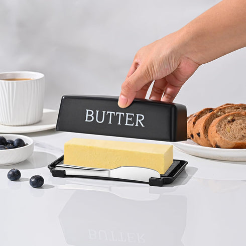 Countertop,Black Butter Dish With Cover And Knife,Food Grade Plastic Butter Holder With Lid For Dishwasher Safe Butter