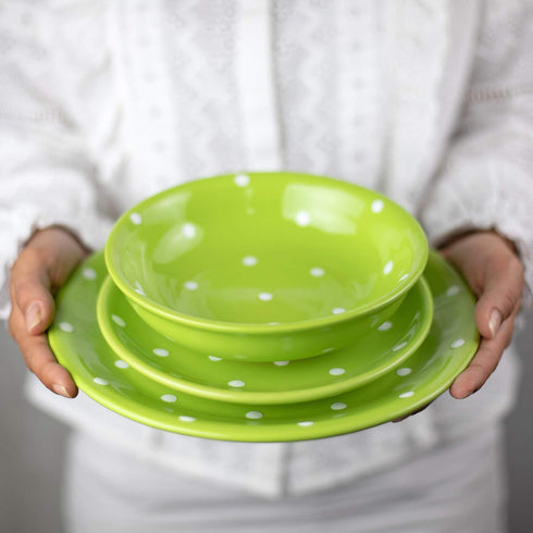 City to Cottage Handmade Pottery Bowl, Lime Green and White Polka Dot Glazed, 7.3inch/18.5cm, 14oz/400ml