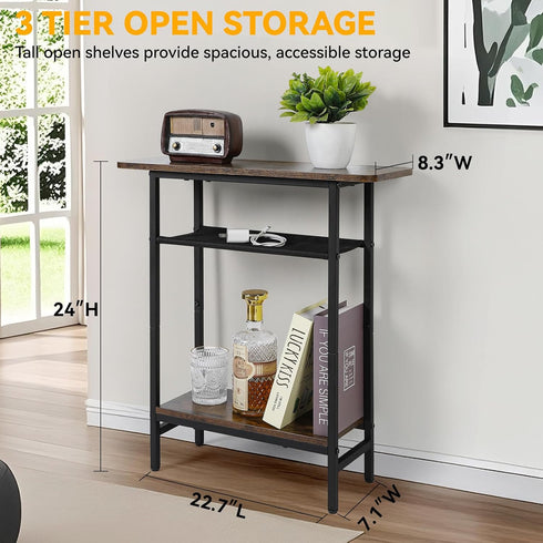 Tedheve 3-Tier Set 2 Side Table of for Living Room, Narrow End Table for Small Spaces with Wide Storage Top, Rustic