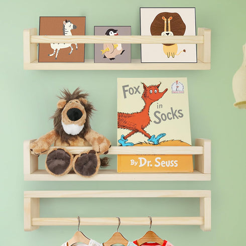 Floating Book Shelves for Wall, 16.5 inch Natural Wood Nursery Shelves for
