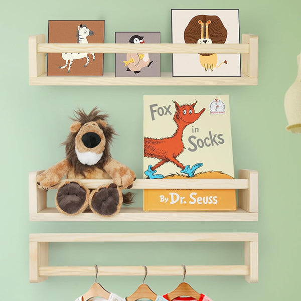 Floating Book Shelves for Wall, 16.5 inch Natural Wood Nursery Shelves for