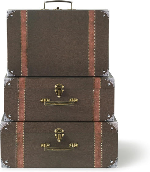 Soul & Lane Set of 3 Cardboard Suitcase Boxes with Handle, Brown Travel-Themed Paperboard Boxes for Decoration