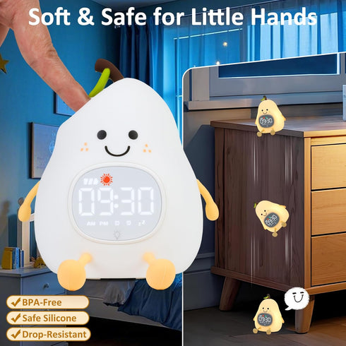 Pear Alarm Clock with Night Light for Kids with Sleep Training Light and White Noise, Rechargeable Silicone Lamp OK