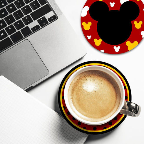 Cute Cartoon Mouse Drink Coasters Set of 6, Red Yellow Absorbent Ceramic Cup Mat for Coffee Table Protection