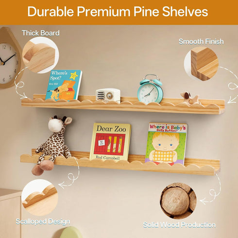 Set 4 Decor(Natural,40cm) Scalloped Baby Book Shelf,Floating Shelves for Wall of Natural Solid Pine Wood Nursery