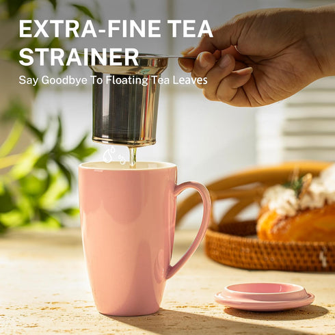 Sweese 15 OZ Porcelain Tea Mug with Infuser and Lid, Loose Leaf Tea Cup, Gifts for Tea Lovers, Pink
