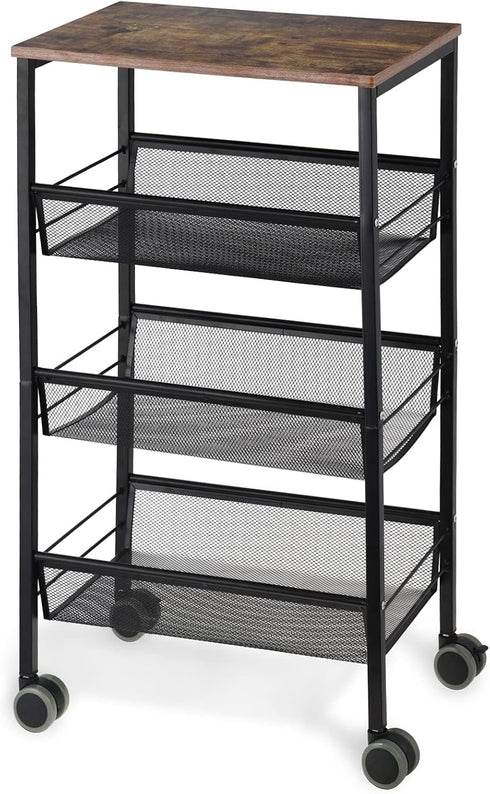 LIANTRAL Rustic Kitchen Storage Cart, 4 Tier on Wheels, Metal Mesh Pantry Cart with Lockable Wheels, Wood Look Top