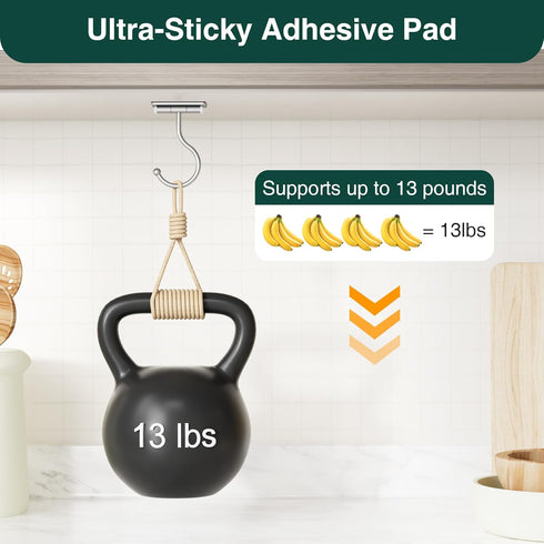 Josmimic Counter, Under Cabinet Banana Hook Adhesive - Sticky Banana Hanger Under Sturdy Metal Banana Holder
