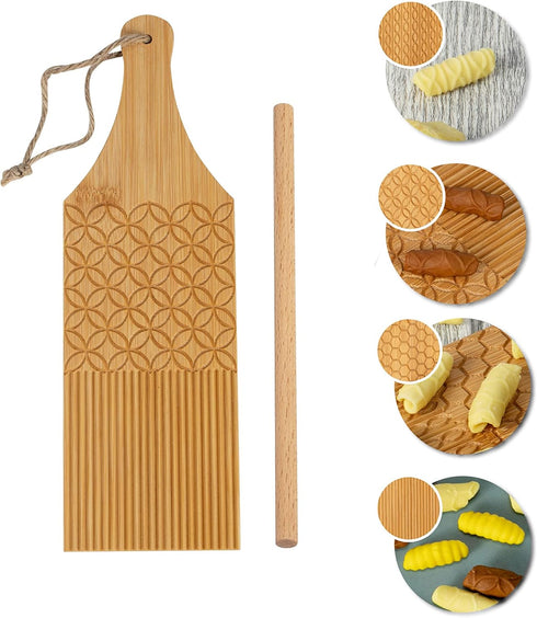 YORSEEK Combo Garganelli Board and Gnocchi Stripper Spaghetti Macaroni Pasta Board Bamboo Rolling