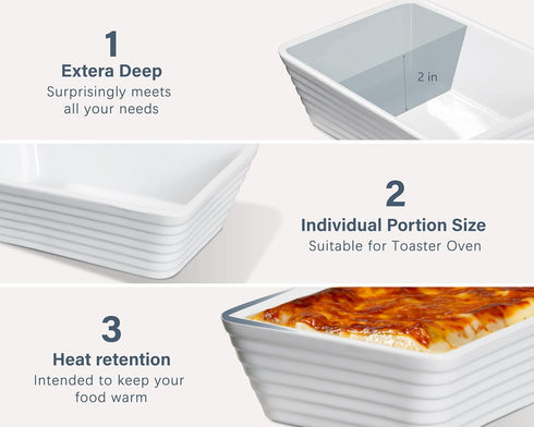 ONEMORE Set of 4 Ceramic Baking Dishes, 5x7-inch White Individual Casserole Dishes for Toaster Oven, Stylish and