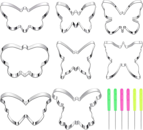 8 Pieces Butterfly Cookie Cutter Set - Stainless Steel Biscuit Cutter Mould and 6 Sugar Stirring Pins for Baking