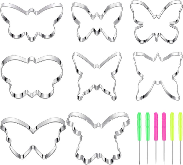 8 Pieces Butterfly Cookie Cutter Set - Stainless Steel Biscuit Cutter Mould and 6 Sugar Stirring Pins for Baking