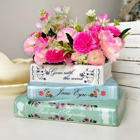 Small Book-Shaped Decorative Planter - Ceramic Vase for Flowers - Cute Bookshelf