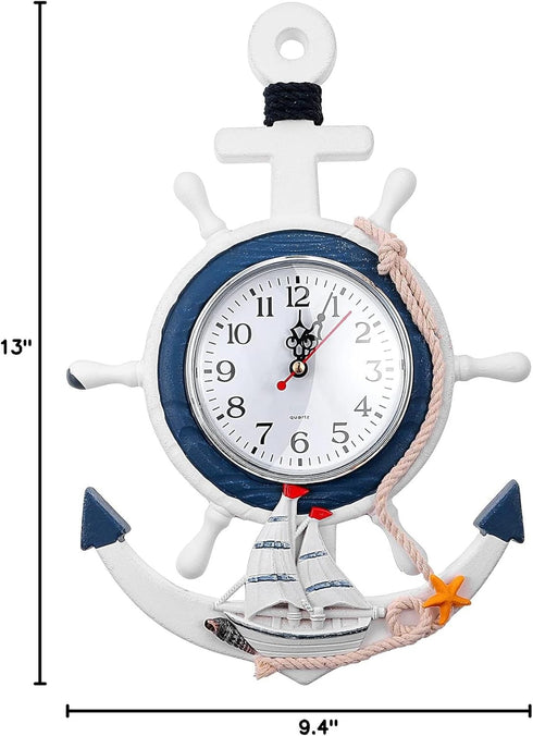 Sea Theme Nautical Anchor Steering Wheel Wall Clock, Suit for Hanging Decoration and Wall Mounted Ornament