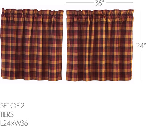 VHC Brands Primitive Kitchen Window Curtains - Heritage Farms Tier Pair, L24 x W36, Deep Burgundy Red