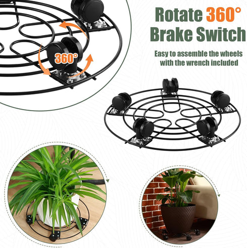 3 Packs 13.5" 5 Metal Plant Caddy with Wheels Large Wrought Iron Metal Rolling Plant Stands Heavy-duty Plant Roller Pot