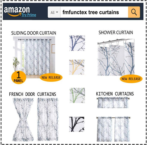 FMFUNCTEX White Black Kitchen Curtains, Small Tier Curtains 22" x 24" Cafe Curtain Set with Tree Branch Print