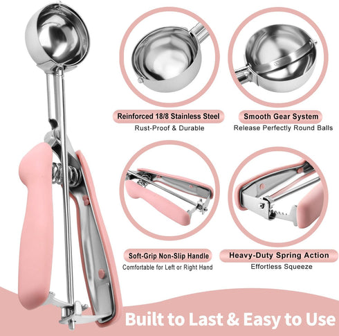 JETONN Set 2, 18/8 Set Cookie Scoops for Baking of Pink Handle Stainless Steel Ice Cream Scoop with Ergonomic Soft