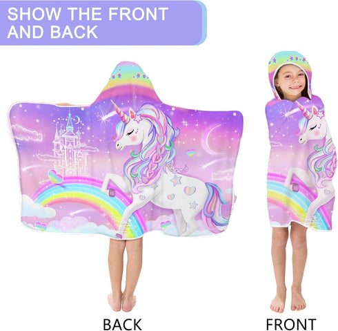 30" 50", Bonsai Tree Unicorn Beach Towel, Unicorn Towel for Girls with Hood, Rainbow Unicorn Hooded Towel for Kids x
