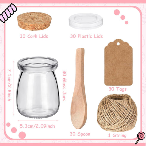 30 3.4 oz FoldTier Pcs Small Glass Jars with Cork Lids Spoons Mini Yogurt Containers with Lid Pudding Jars Glass Favor