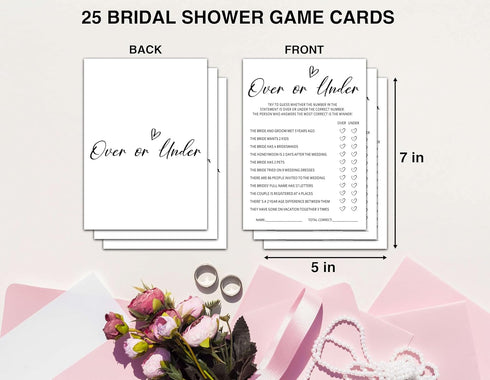OZTEMETY 25 Cards(white002) Over or Under Bridal Shower Games, Minimalist Engagement Party Game Cards, Bachelorette