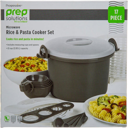 Prep Solutions 17 Piece Set Microwaveable Rice and Pasta Cooker, 12 Cup Capacity with Locking Lid