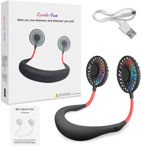 Portable Neck Fan, USB Rechargeable with 3 Adjustable Speeds and LED Lights - Black