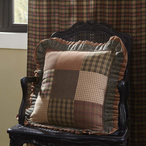 VHC Brands Primitive Bedding Cinnamon Plaid Cotton Patchwork Square Pillow Insert, Dark Olive Green