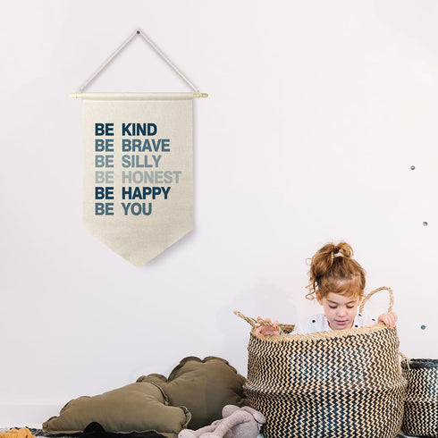 Qpenm Be Kind Be Brave Inspirational Boy Hanging Wall Canvas Banner, Blue Boy Nursery Hanging Pennant Flag Prints
