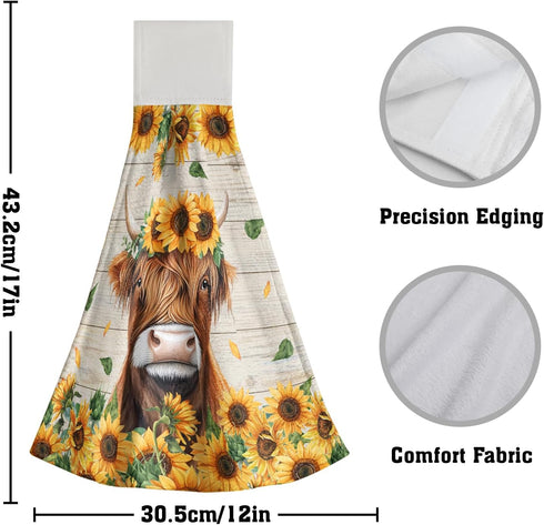 Set 2, Summer Giwawa Highland Cow Kitchen Hanging Towel of Sunflower Cattle Hand Tie Towel with Loop & Hook, Wood Board