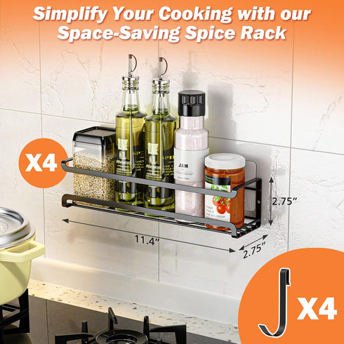 Spice Rack Wall Mounted 4 Pack, Space-Saving Organizer for Spice Jars and Seasonings, Hanging Spice Rack for Kitchen