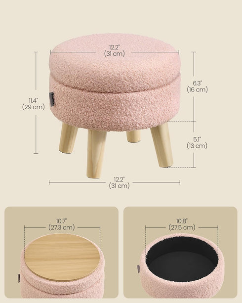 12.2 Inches, ULOM515SA01 SONGMICS Storage Ottoman, Foot Stool, Round Ottoman with Padded Seat, Foot Rest with Wood