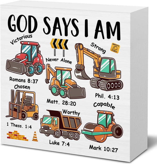 Qlnuk Religious God Says I Am Construction Wood Block Sign Nursery Bible Verse