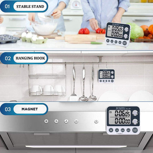 FCXJTU Digital Dual Kitchen Timer: Large Display, Adjustable Volume Alarm, Stopwatch, Magnetic Back (White)